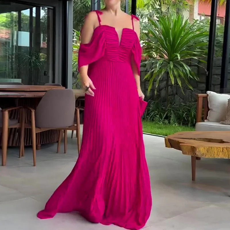 

Женское вечернее платье на бретелях-спагетти, однотонное плиссированное платье с квадратным вырезом, высокой талией и открытыми плечами