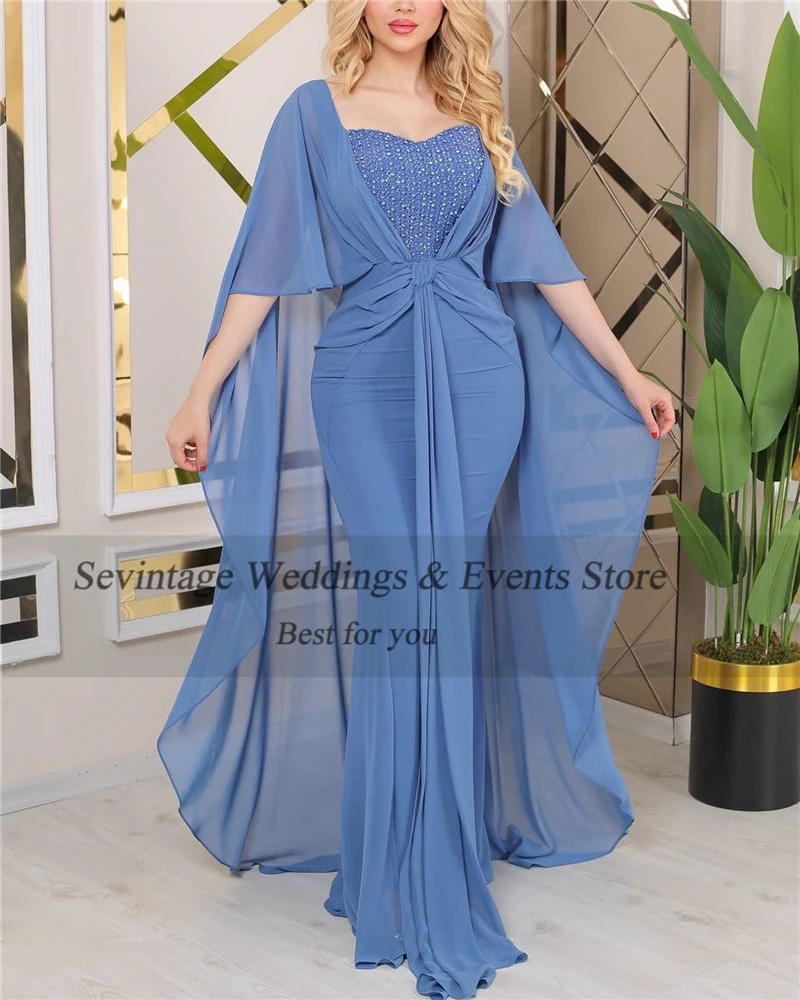 Sevintage Modest Chiffon Prom Dresses Mermaid Half Cape Sleeves Sequines Pleats Formal Evening Gowns Women Specail Wear 2023