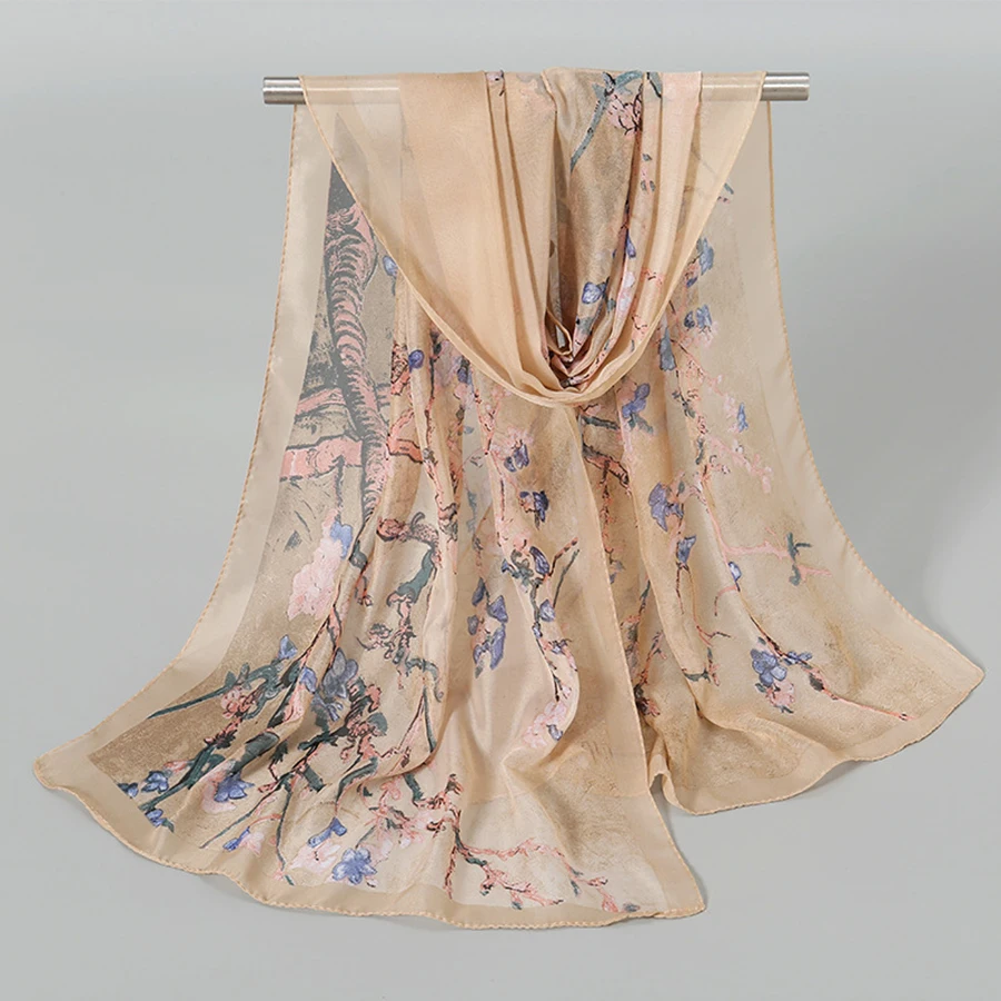 Plum Blossom Pattern Simulation Silk Scarf Women's Chiffon Scarf Long Gauze Scarf Sunscreen Shoulder Bag Headscarf 3