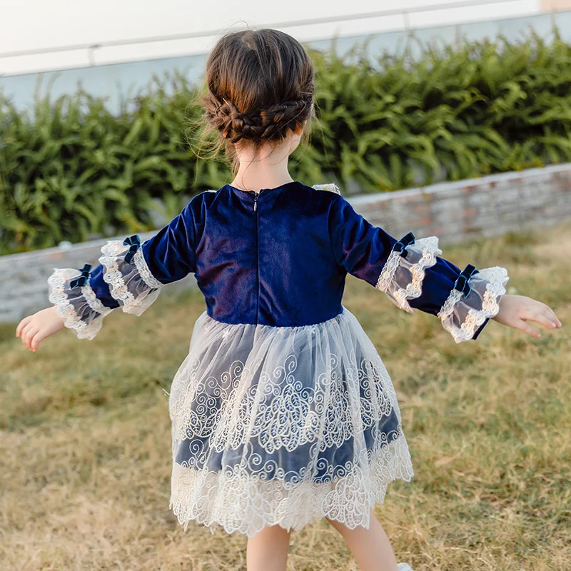 Autumn Velvet Lace Fluffy Skirt Stage Party Lolita Skirt Bow Tie Lolita Girls Dress