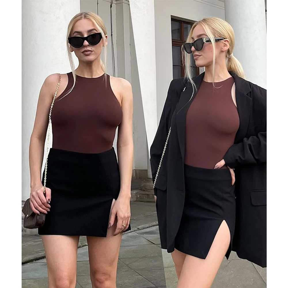 AROHA  Sleeveless Bodysuit Tops Body-Hugging T-shirt Women Crew Neck Bodywear Thong Jumpsuit Slimming Catsuits  Leotards Shaper