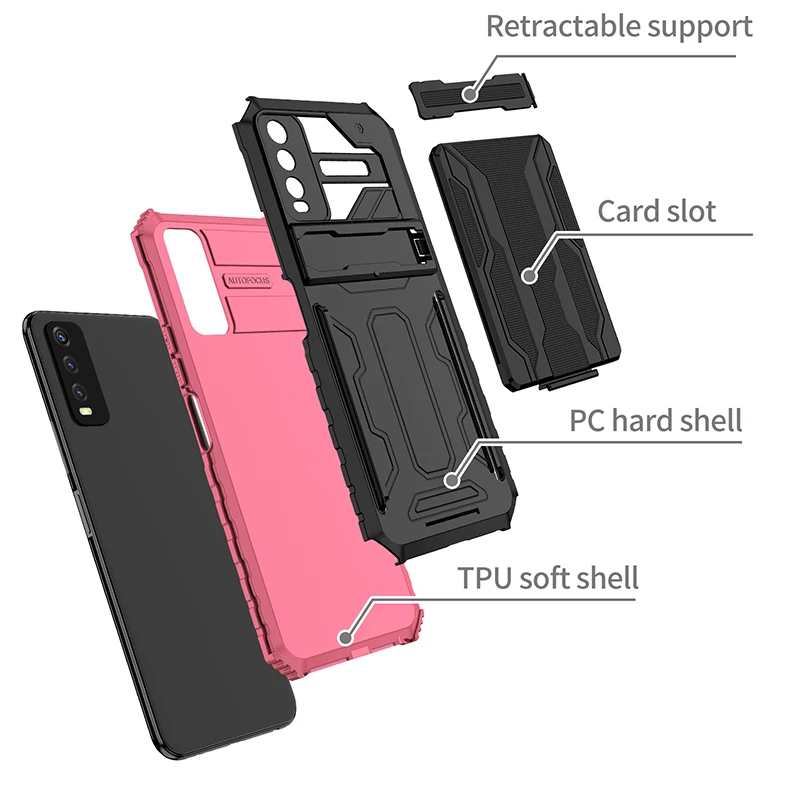 카메라 보호 휴대폰 케이스, 카드 홀더 킥스턴 커버 포함, VIVO Y20S Y53S Y11 Y12 Y72