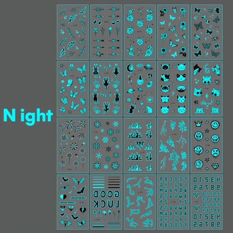 10 Sheets Blue Luminous Tattoo Sticker Butterfly Letter Cat Glowing Temporary Tatoo Small Finger Wrist Fake Tatto For Women Men