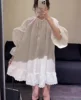 Sweet Casual White Lace Trim Long Sleeve Shirt Dress Women Loose Gored Skirt Mini Dress Princess Sleeve Full Length Dress