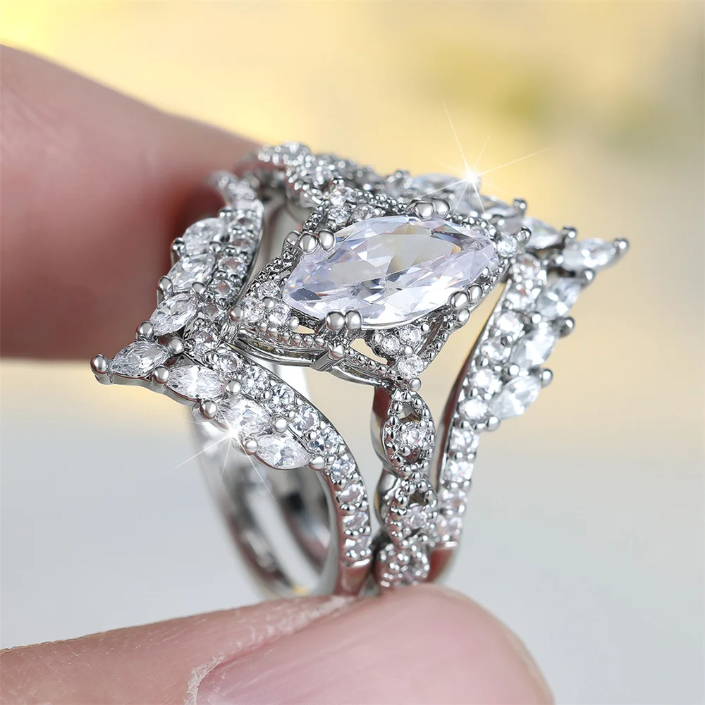 Luxury Crystal Marquise Stone Ring Sets For Women Vintage Silver Color Engagement Rings Wedding Jewelry Bridal Set Birthday Gift