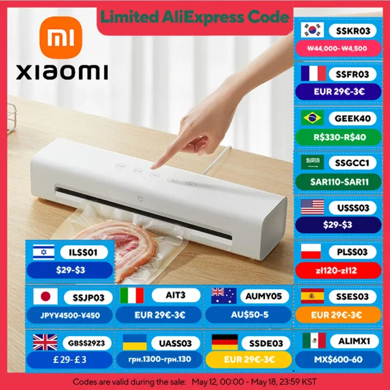 XIAOMI MIJIA Vacuum Sealer Machine,70kPa Suction ,Dry/Moist Modes,10 Vacuum Bags With External Vacuum System,Vacuum Food Sealers