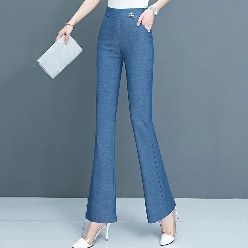 Simplicity Elegant Solid Women's Clothing Pocket Temperament Fashion Slim Casual Elastic Waist Spring Autumn Thin Flare Pants