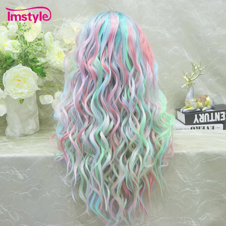 Imstyle Synthetic Lace Front Wig Multicolor Wigs Natural Wavy Heat Resistant Green Pink Mixed Ombre Wig Cosplay For Women
