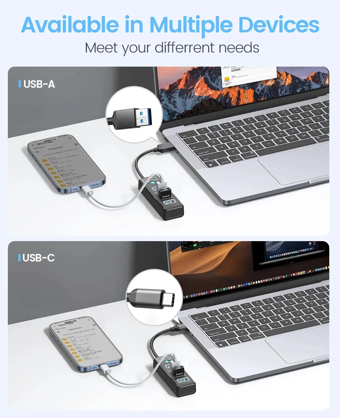 Orico-multi tipo c Splitter Usb 3.0 Hub 5gbps Alta Velocidade Adaptador Otg para pc Acessórios de Computador Macbook Pro Portas - Imagem 2