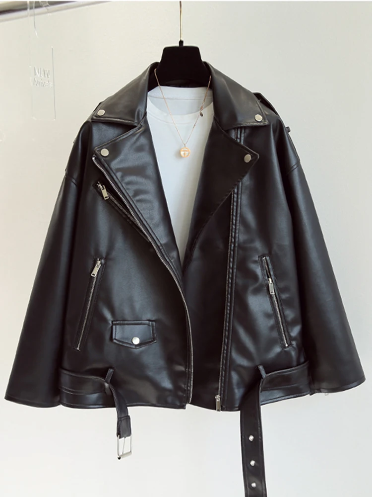 

SEDUTMO Winter Oversize Faux Leather Jacket Women Punk Biker Motorcycle Coat With Belt Autumn Streetwear Casual Outerwear ED1905
