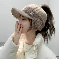 K329-Hat Women's Winter Riding Knitted Ear-proof Duck Tongue Hat Fashion Versatile Plush Warm Hollow Top Ear Cap Women's Hat 1