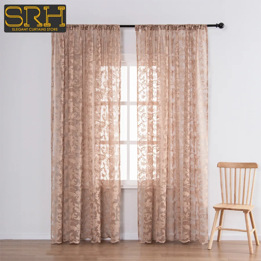 

American Jacquard Transparent Curtains Screen Living Room Bedroom Dining Room Jacquard Gauze Brown Tulle Window Blackout Custom