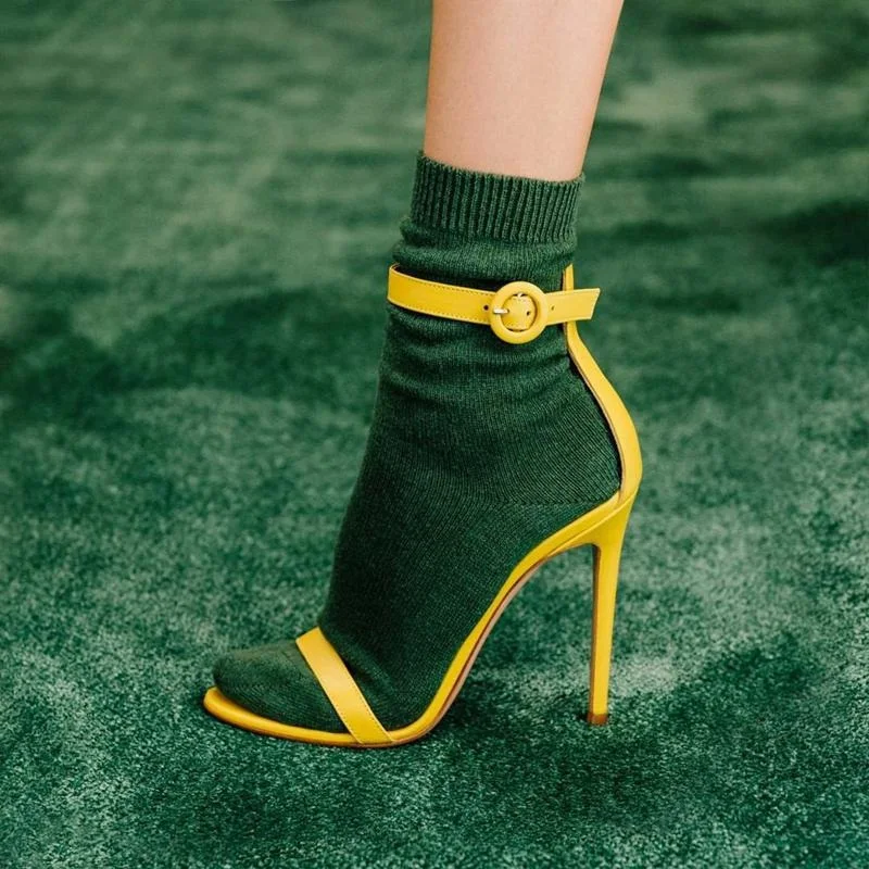 

Yellow Big Buckle Stiletto High Heels Summer Dress Shoes Woman 12CM Open toe Satin Single Strap Sandals 2022