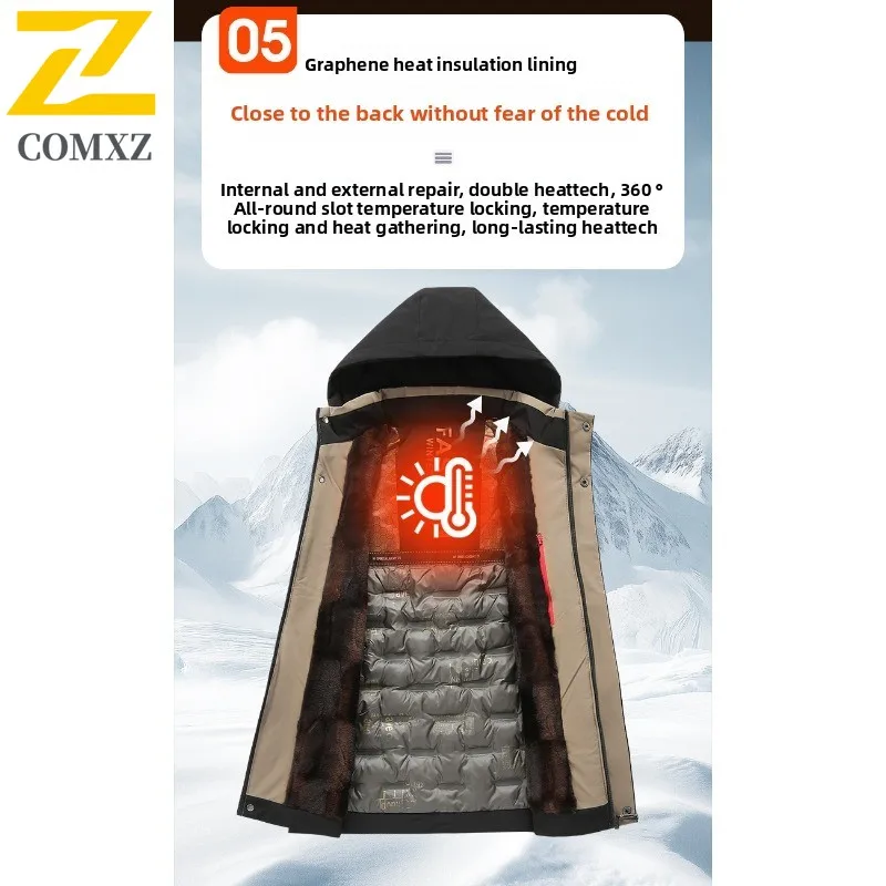 ​Men Graphene Heated Cotton Padded Jacket Thickened Winter Warm Outerwear Detachable Hood American Style Casual Outdoor Wear​