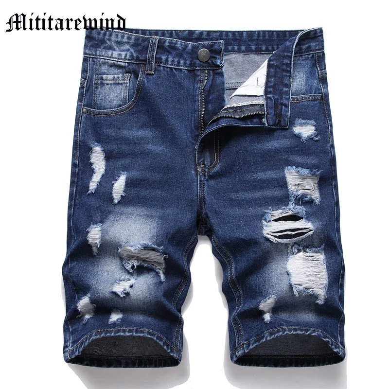 

Men's Straight Loose Shorts Retro Blue Ripped Hole Distressed Wash Vintage Summer High Street Casual Streetwear Versatile Daily