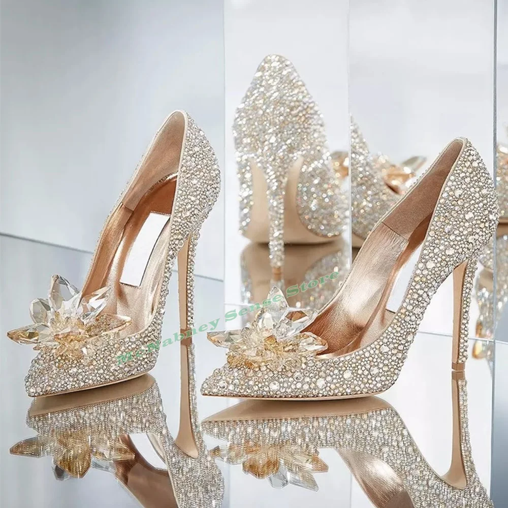 

Pointed Toe Crystal Pumps New Style Bling Shallow High-Heeled Wedding Shoes Slip On Solid Studded Designer Party Fashion Pumps