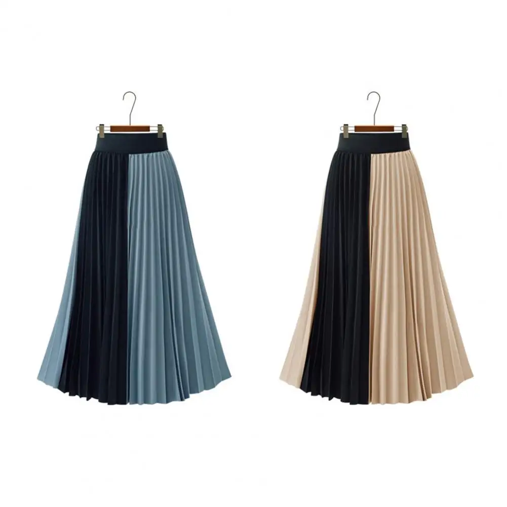 

Patchwork Color Design Skirt Elegant Women's Patchwork Chiffon Skirt High Waist A-line Midi with Pleated Large Hem Lightweight