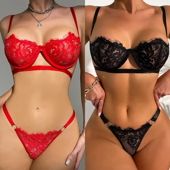 Lingerie trasparente in pizzo per donna Set reggiseno floreale esotico trasparente mezza tazza reggiseno slip set intimo donna sexy moda 1
