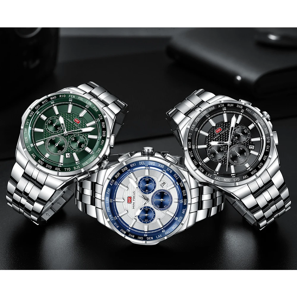 MINI FOCUS Orologio sportivo al quarzo da uomo, multifunzione, con piccoli quadranti, cinturino in acciaio inossidabile, orologi da uomo d'affari, nuovo 0613G_voghion.com