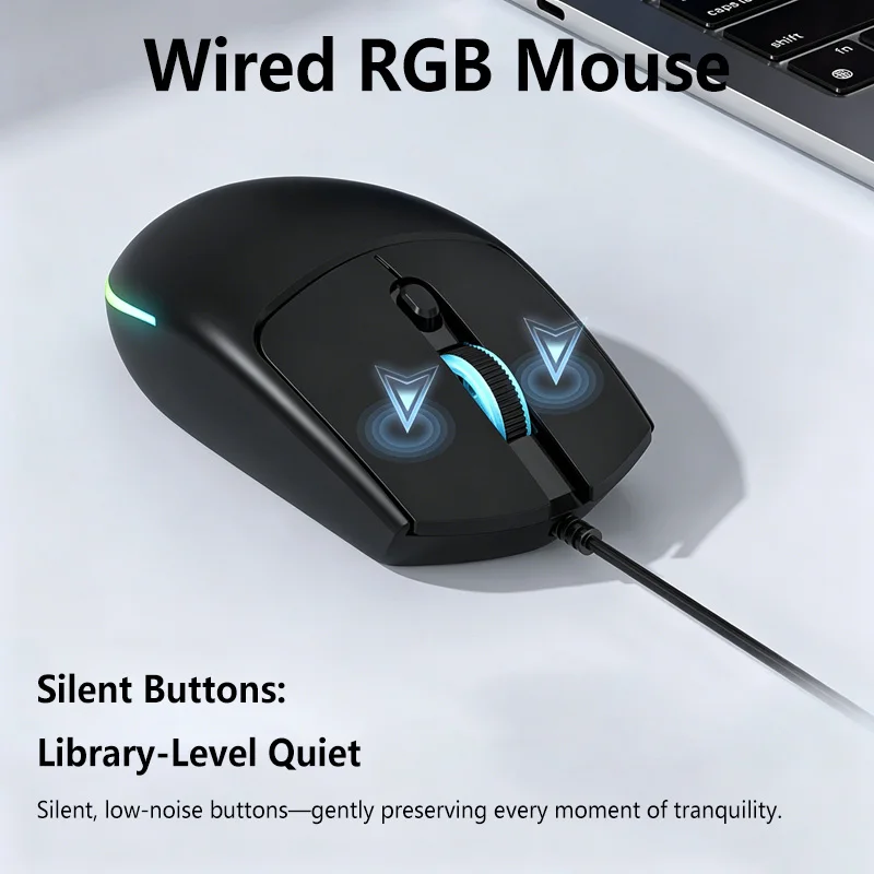 레노버 M300 경량 유선 마우스, RGB 브리딩 라이트, 4 DPI 2400DPI, 조용한 인체공학적 유선 마우스 (PC, 노트북, 태블릿, 맥용)