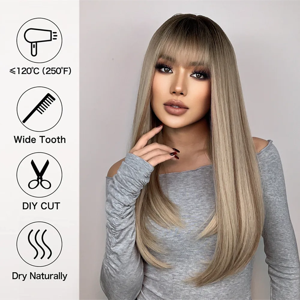 HENRY MARGU Long Straight Synthetic Wigs for Women Natural Brown Blonde Wig with Bangs Heat Resistant Cosplay Party Hair