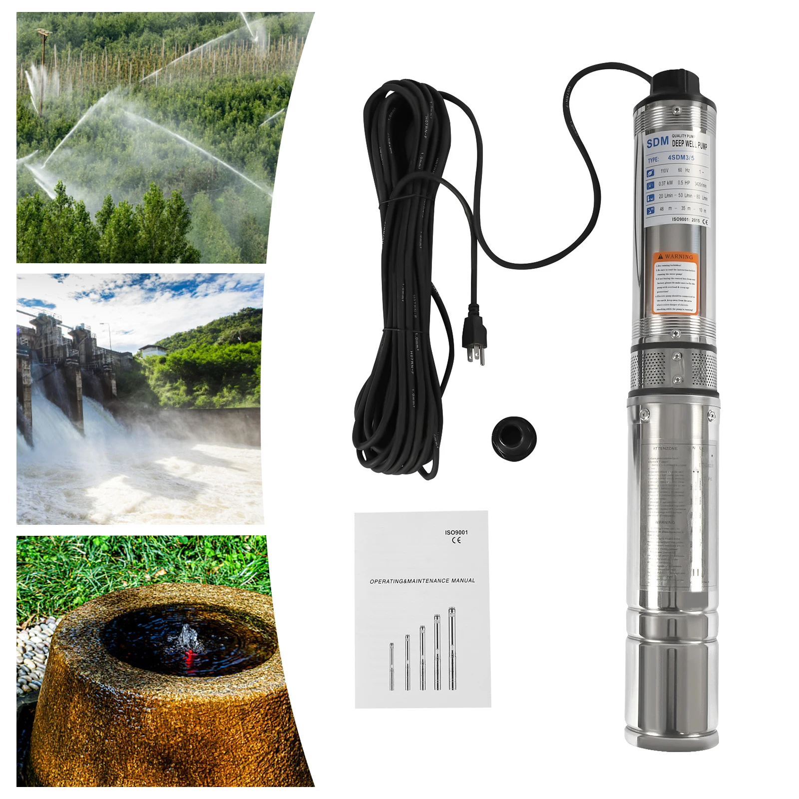 Submersible Pumps OD Pipe 110V/60HZ 0.37KW 0.5HP Stainless Steel submersible well pump 1.25" Outlet Submersible Bore Pump submer