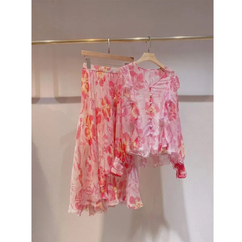 

Skirt Sets Two Piece Set Women Bohemian Vacation Beach Long Sleeve Button Tops Ruffle Irregular Long Skirt Female Print Suit New