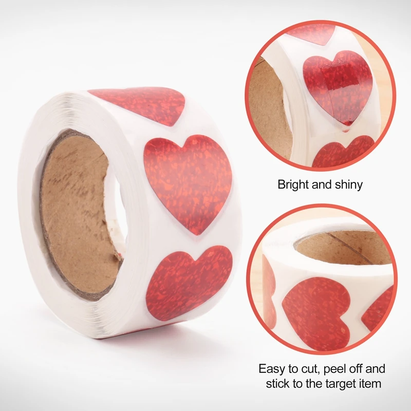 【CLEARANCE】Valentine's Day Glitter Heart Stickers,Red Heart Stickers Roll,Heart Labels For Anniversaries Wedding(500Pcs/Roll)