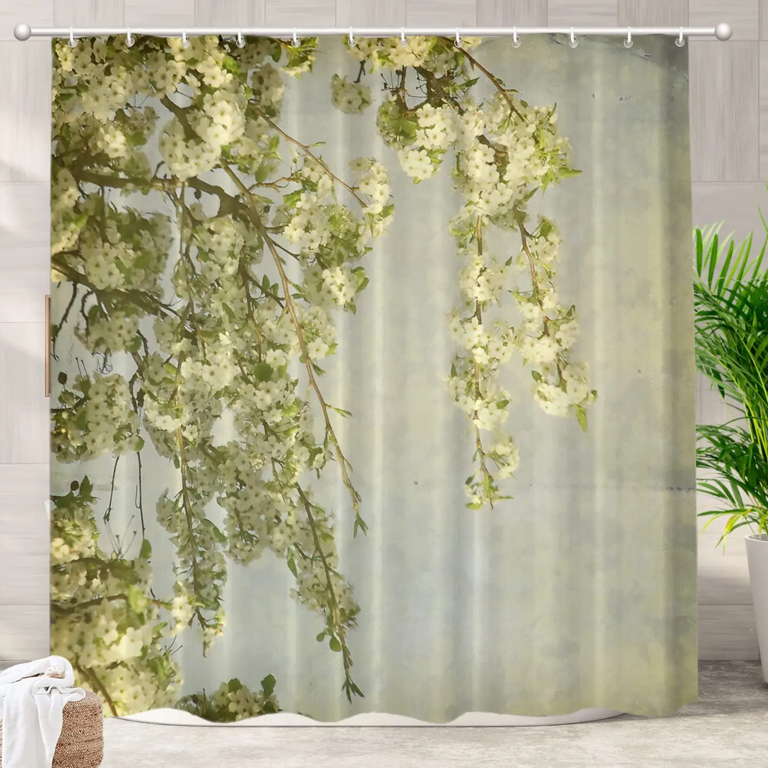 

Spring Shower Curtain,Spring Branches Country Flower Serene Aged Antique Branch Calm,Waterproof Shower Curtains Set for Bathroom