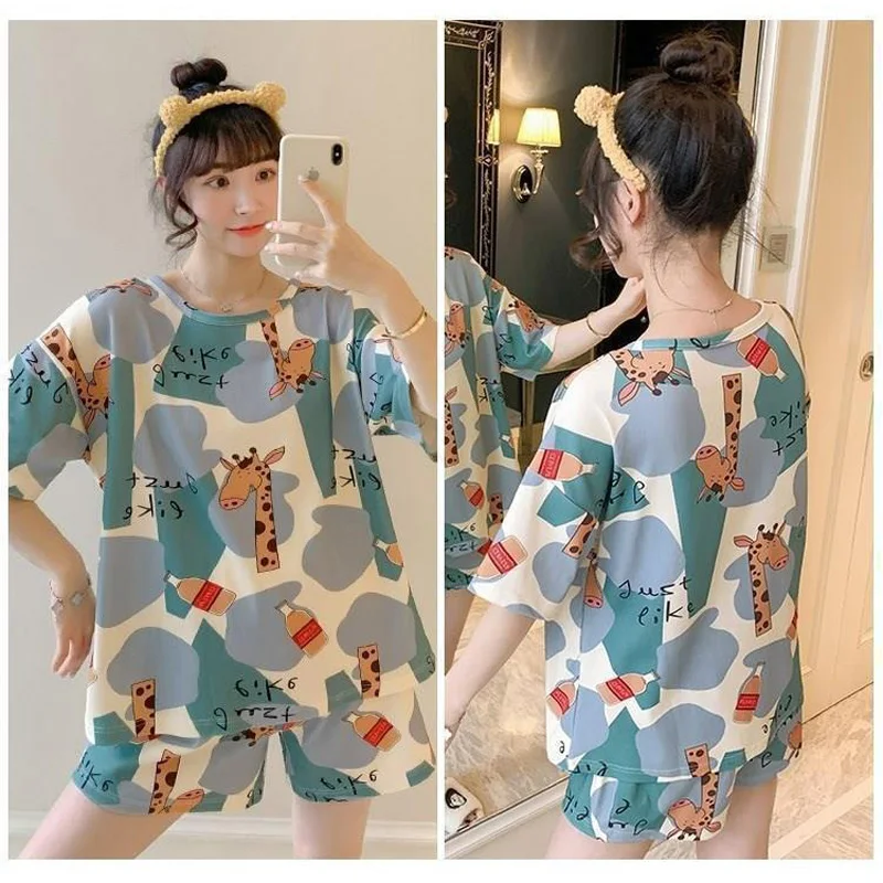 숙녀 잠옷 여름 반팔 반바지 작은 신선한 귀여운 느슨한 편안한 Homewear 세트의 얇은 섹션의 투피스 세트 세트