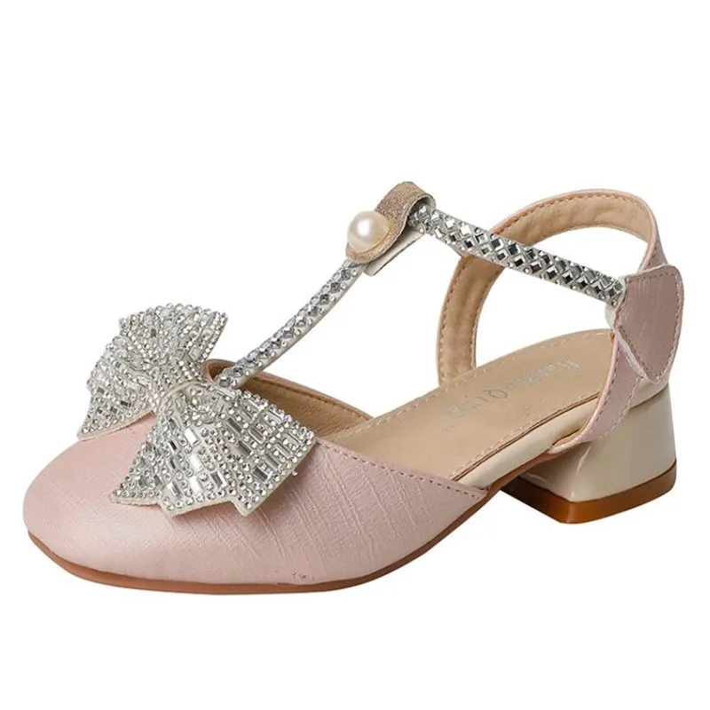 

Туфли на высоком каблуке с квадратным носком для девочек, модные детские туфли в Корейском стиле на толстом каблуке, сандалии принцессы с бантом и стразами