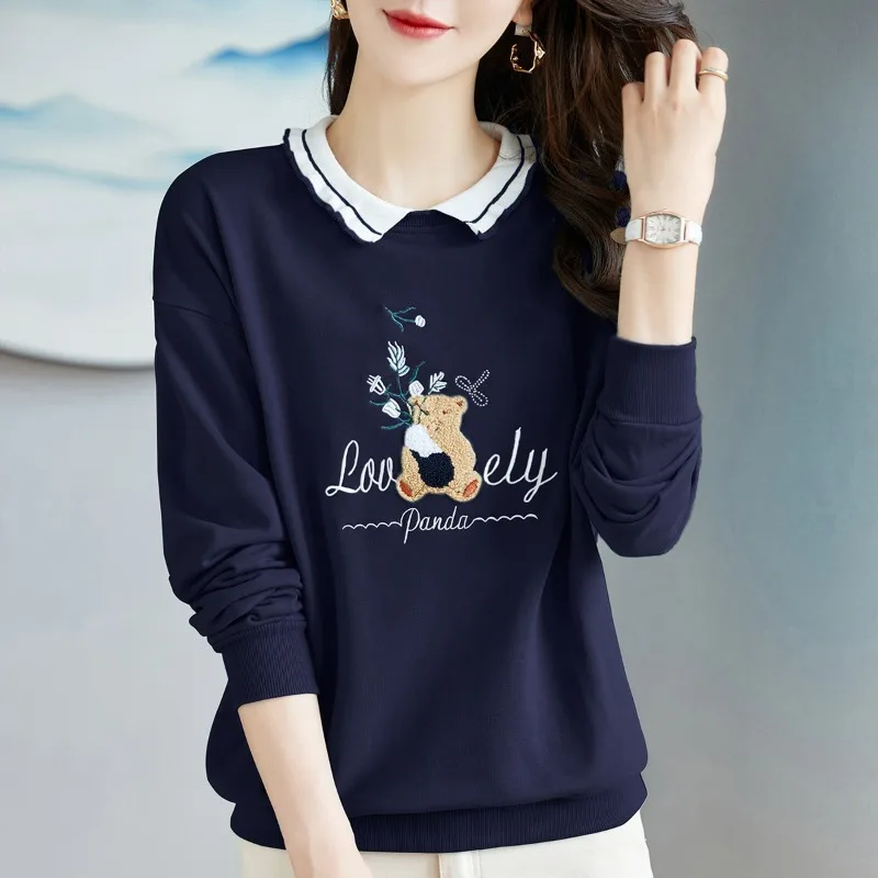 Spring Autumn Women's Pullover Round Neck Solid Letter Embroidered Animal Flocking Lantern Long Sleeve Hoodies Casual Tops