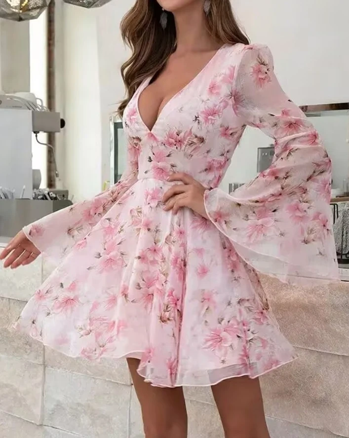 

Romantic Style 2024 for Women's Spring Summer New A Line Dress Long Sleeve Floral Print Bell Sleeve Plunge Daily Vacation Dress