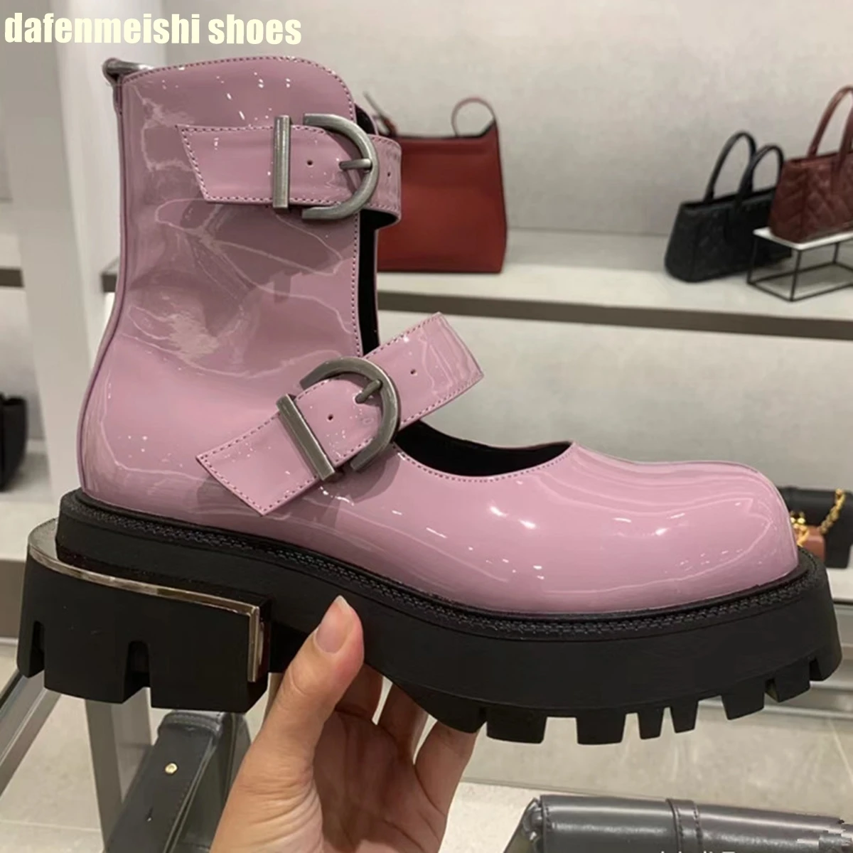 

Thick Heel Shallow Round Toe Women Mary Jane Shoes Platform Strap Buckle Hollow Roman Shoes Black/pink High-Top Sandals Boots