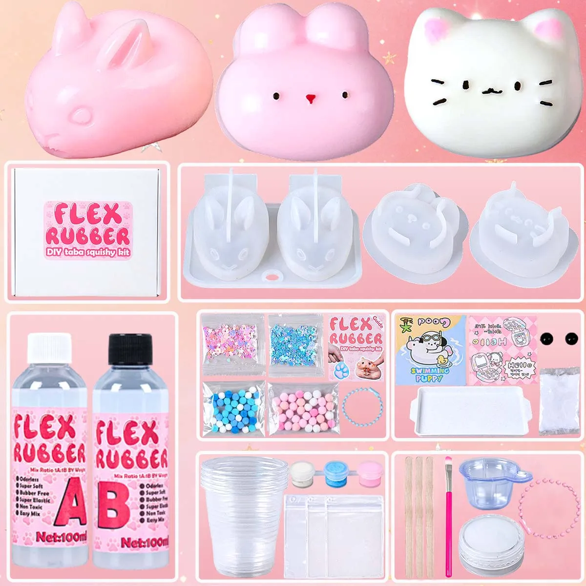 Kit Squishy Taba Fai-da-Te, Set per Creazioni Artistiche di Gatti e Conigli Cartoon, Materiali per Modellare, Set per Realizzare Squishy, Regali Antistress