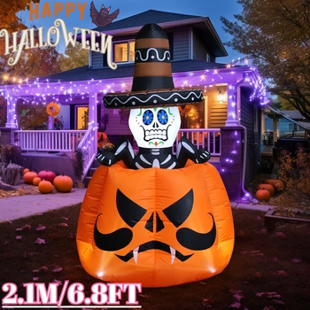 6.8FT Halloween Inflatables Toy Party Decortions Skeleton Man in The Pumpkin Rising Inflatable with Built-in LEDs Outdoor Decor