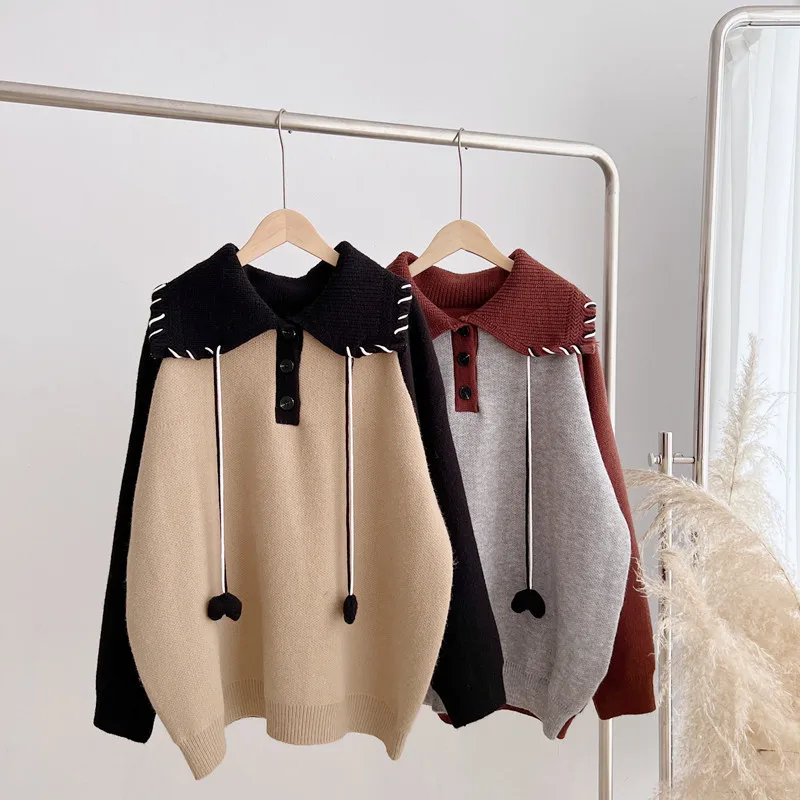 

2022 Autumn and Winter women's inche design love drawstring contrast lazy sweater new loose knit