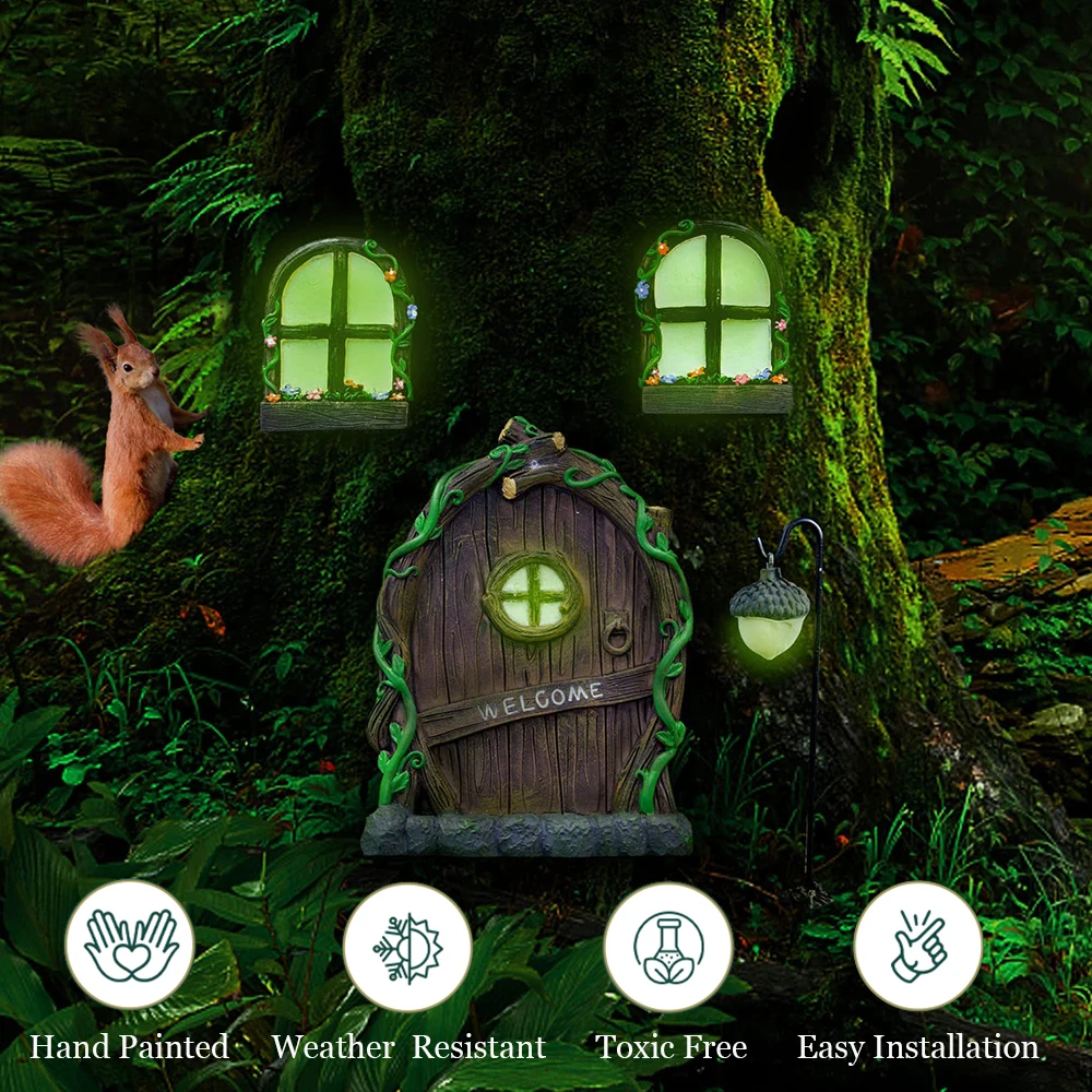 

Fairy Garden Miniatures Window Door Set Pendant Glow In The Dark Creative Ornaments Resin Fairy Door Light Garden Decorations