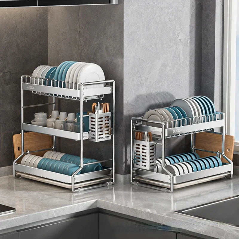 304 Stainless steel dish storage rack Drain water Kitchen multifunctional bowl and plate holder organizer 2