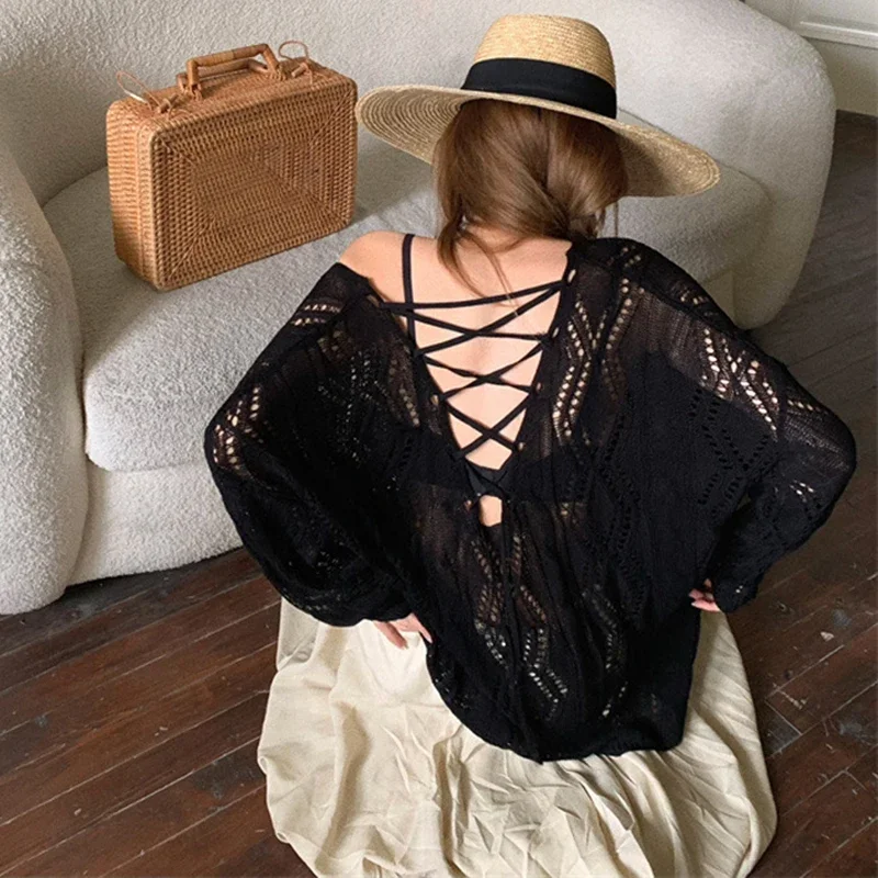 Autumn New Women's Clothing Thin Knitted Women's Long-sleeved Shirt Back Lace-up Solid Color Knitwear Loose Blouse