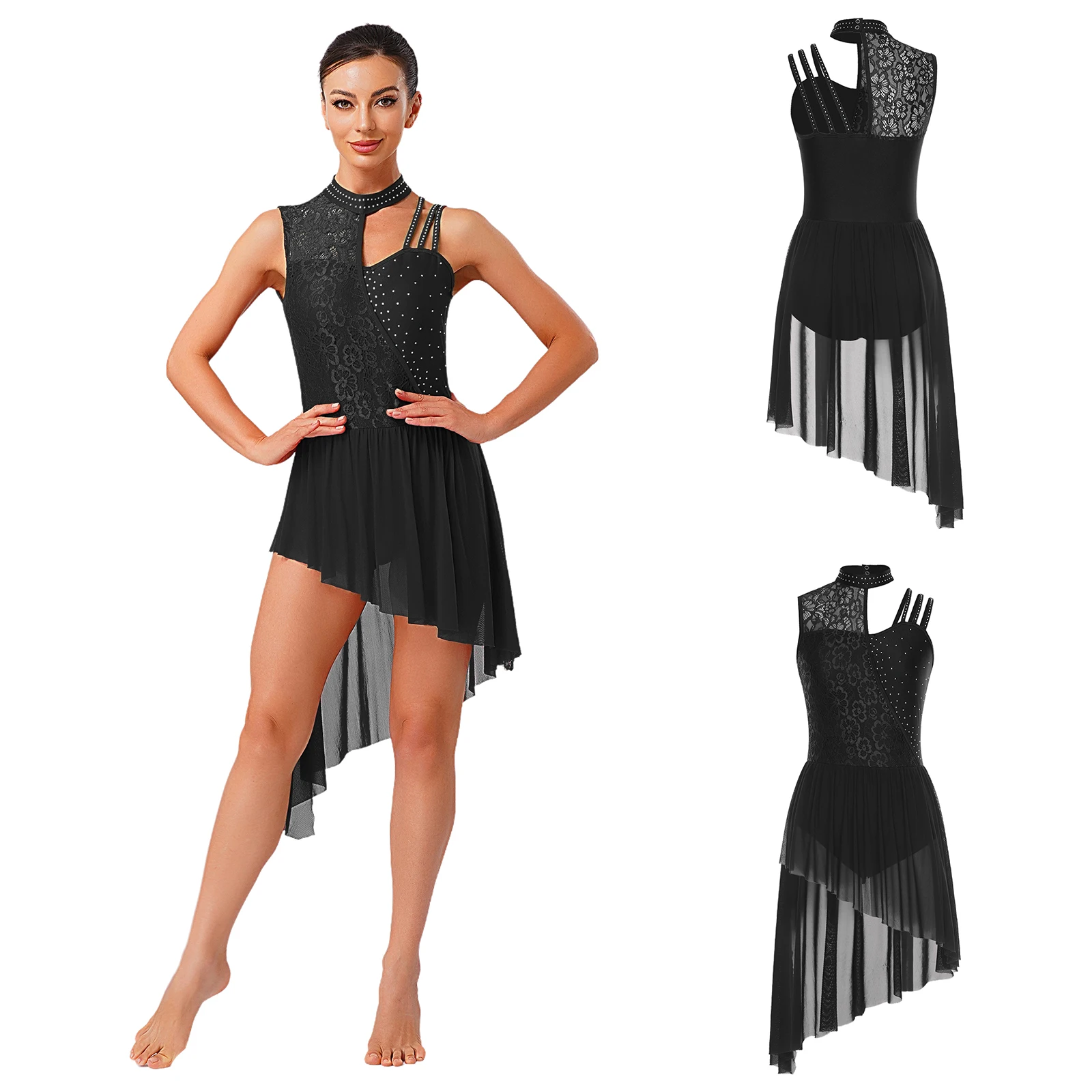Frauen Ärmellose Strass Mesh Moderne Lyrical Dance Trikot Kleid Ballett Gymnastik Skating Bühne Leistung Dancewear – Detail 24