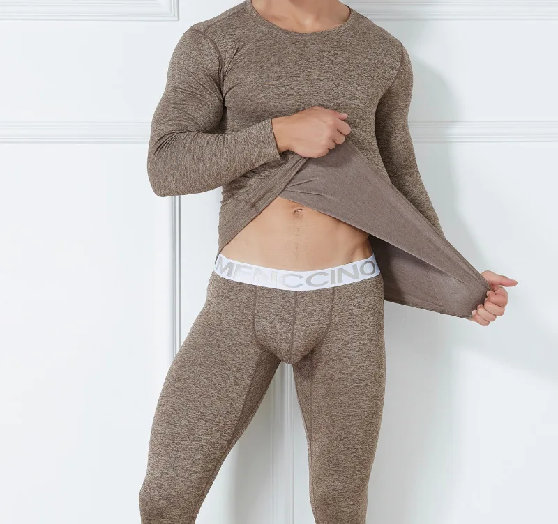 Set Autumn Winter Thermal Underwear Men's Round Neck Plush Thickened Warm Underwear Youth Tight Fashion Clothe Top and Pant Suit