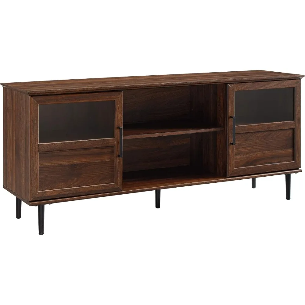 

Modern Farmhouse Wood and Glass TV Stand with 2 Cabinet Doors for TV's up to 65" Flat Screen Universal TV Console, Dark Walnut
