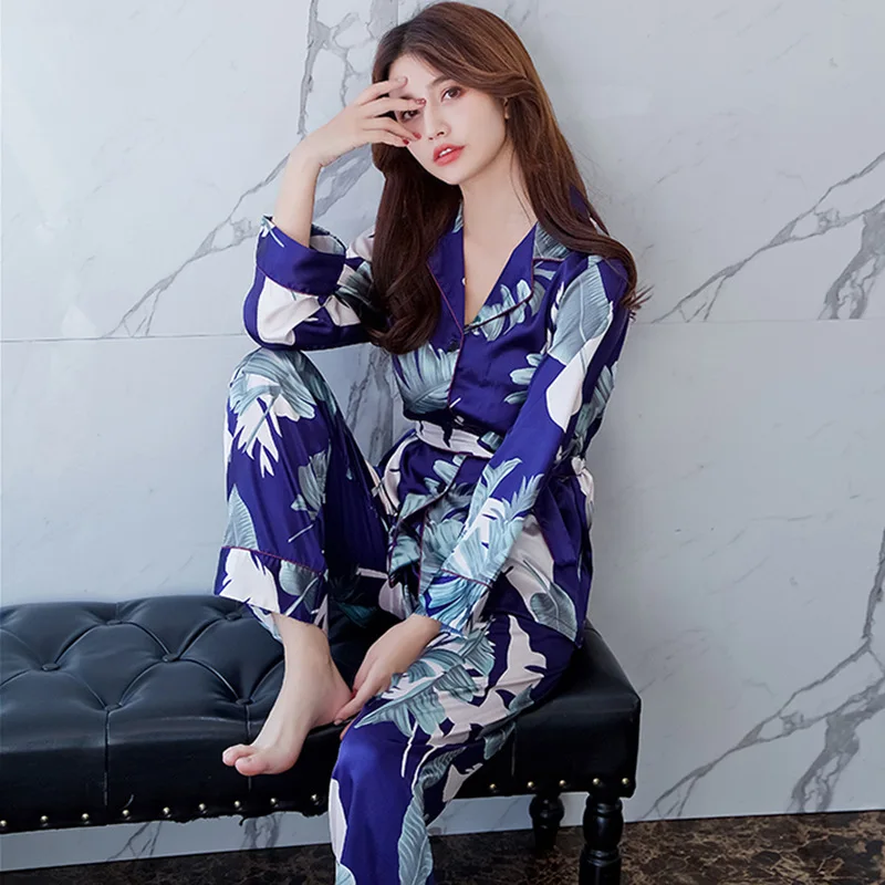 2022SS Women Satin Pajamas Set Full Printed Long Sleeve & Pants Sleepwear Short Sleeve & Shorts Nightwear Ladies Loungewear