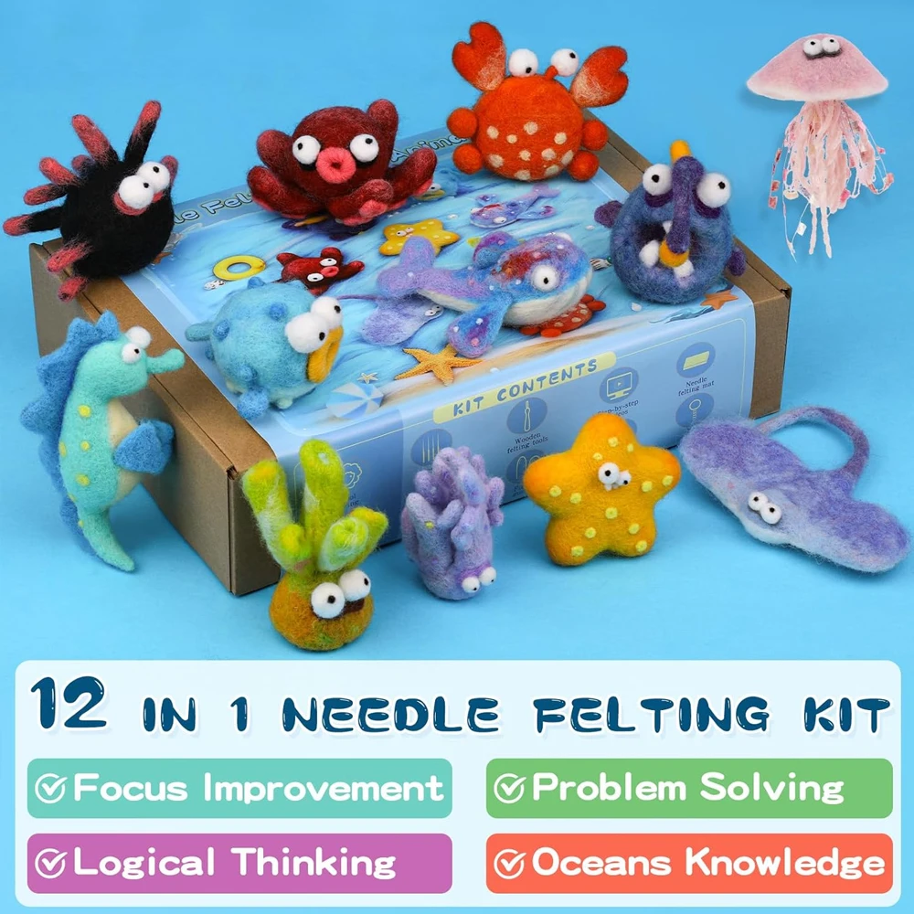 Sea Animals Needle Felting Kit Roving Felting Needles Pad Instruction for Starters DIY Craft 12Pcs