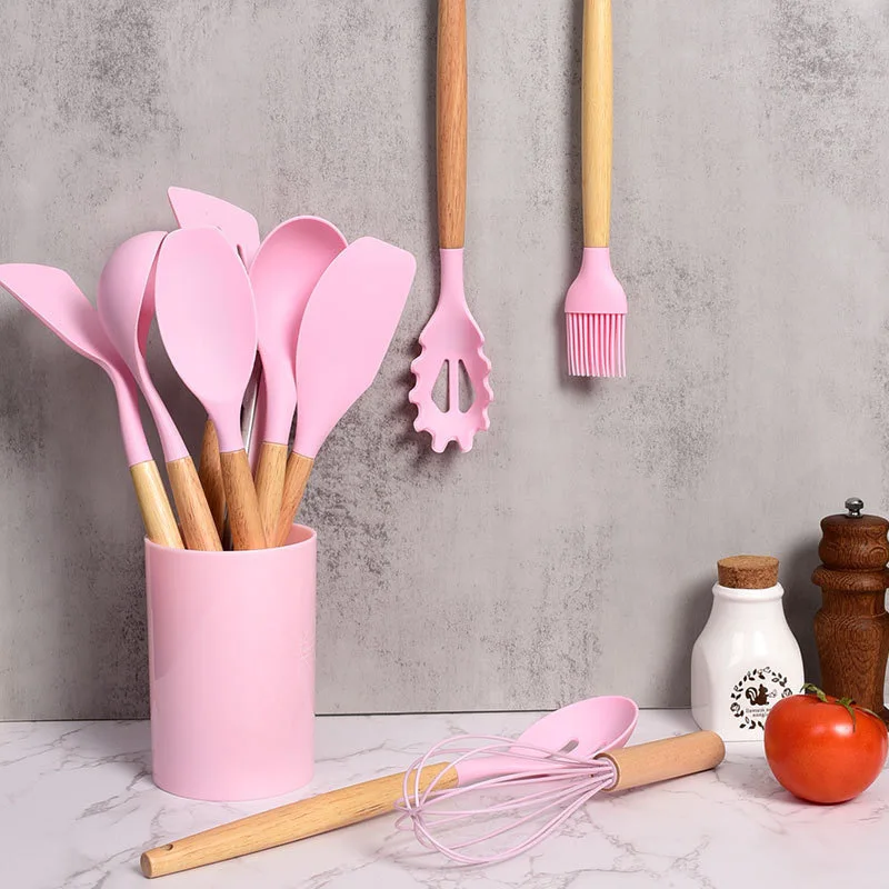 12pcs Heat-Resistant Silicone Kitchen Utensils Set Non-Stick Tools Kitchenware Wooden Handle Kitchen Gadgets for Easy Cooking