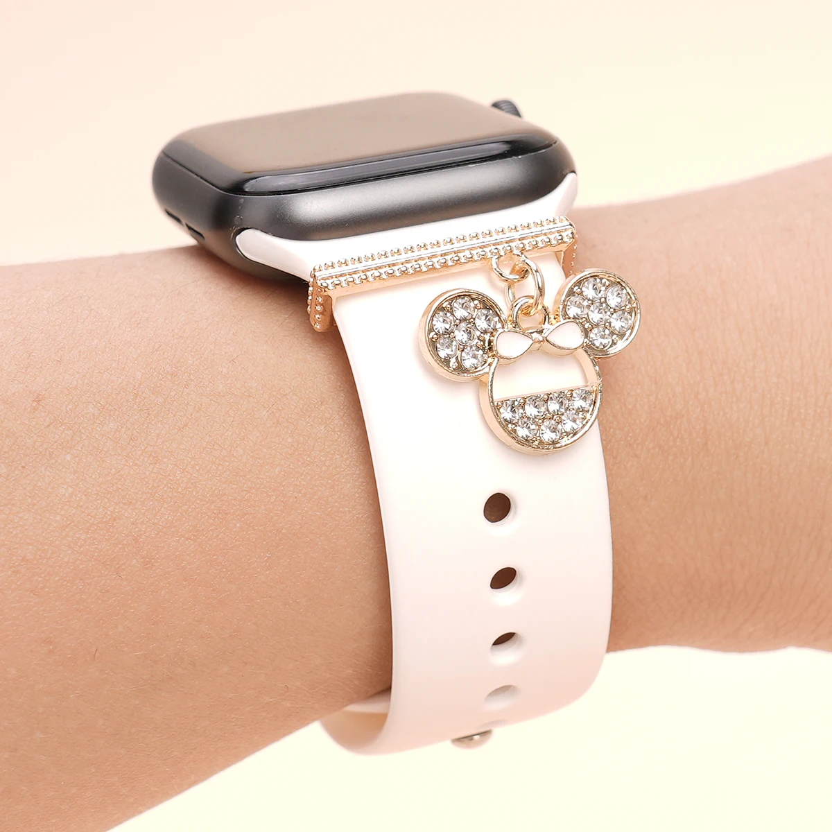 Cartoon Rhinestone Encantos Decoração Anel para Apple Watch Band, Metal Jóias Encantos, Smart Watch Silicone Strap Ornamento