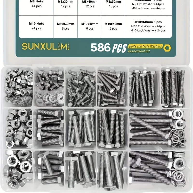 236PCS/ 586PCS M6 M8 M10 Heavy Duty Bolts and Nuts Assortment Kit 304 Stainless Steel(18-8) Hex Screws Nuts & Washerss kit