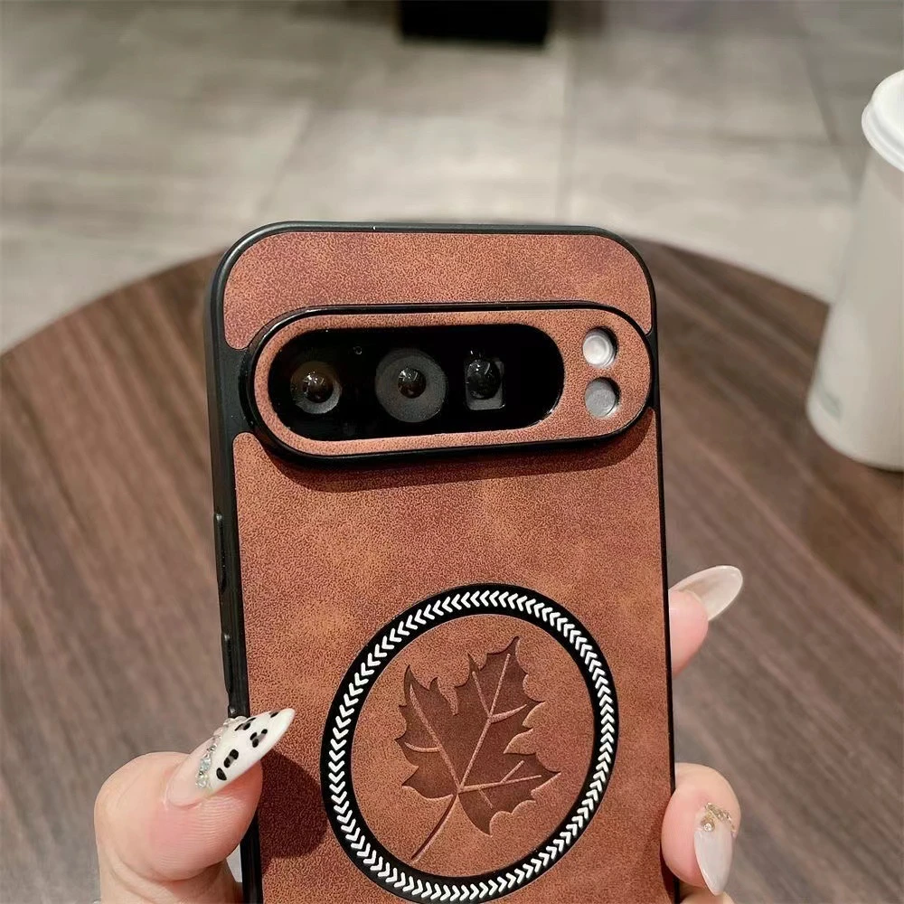 Retro Leather Maple Leaf Magnetic Phone Case with Magsafe Charging Compatibility