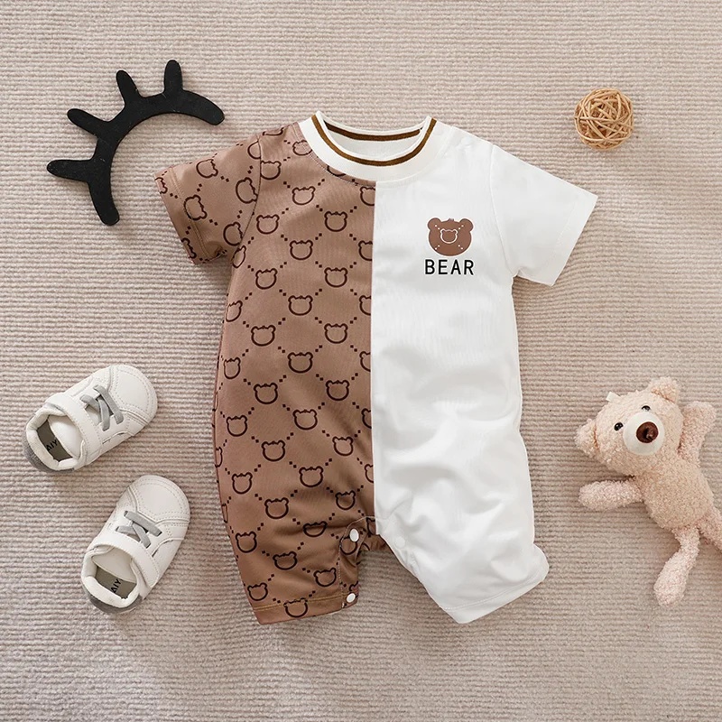 Baby Rompers Cotton Jumpsuit Baby Jumpsuit Newborn Clothes Cute Cartoon Patchwork Teddy Bear Comfortable And Soft Summer Boys And Girls 0-18 Short Sleeved Baby Jumpsuit
